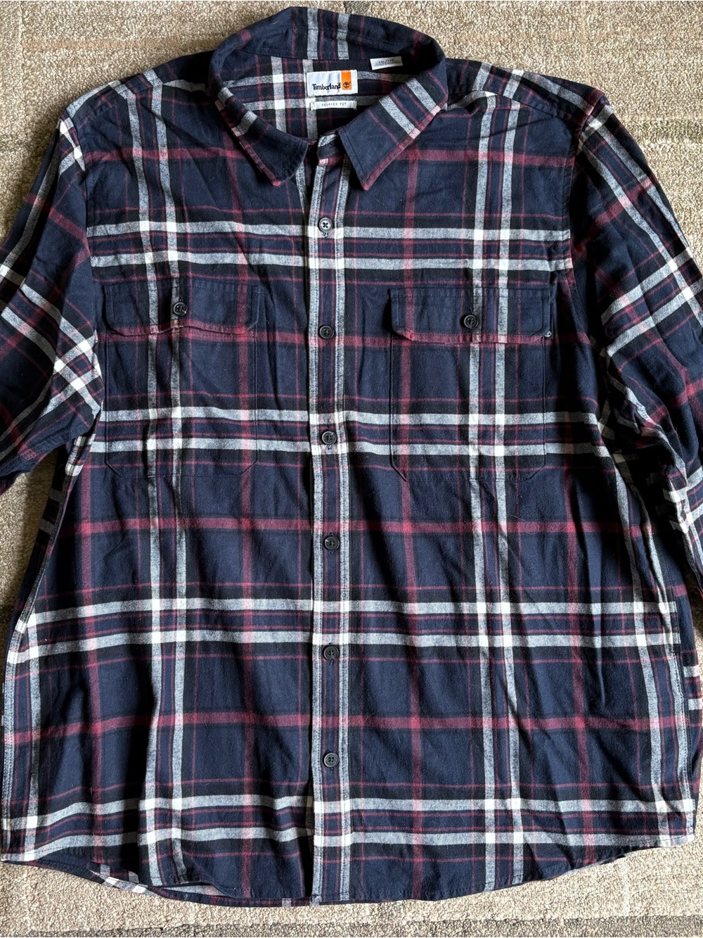 Timberland men's long-sleeve plaid flannel overshirt relaxed fit navy blue red